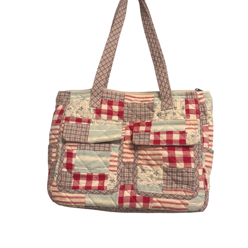 Handmade Quilted Patchwork Tote Bag Red Gingham Floral Cotton Shoulder Bag